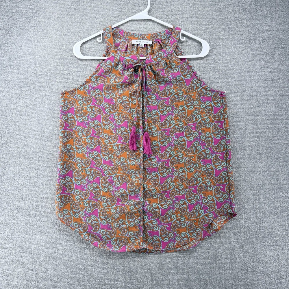 Rose + Olive Sleeveless Top Women Size Medium Paisley Pink Tasseled
